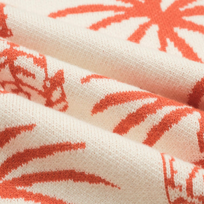 White Cotton V-Neck Jacquard Knit Polo for Men with Palm and Tiger Pattern