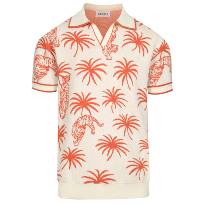 White Cotton V-Neck Jacquard Knit Polo for Men with Palm and Tiger Pattern