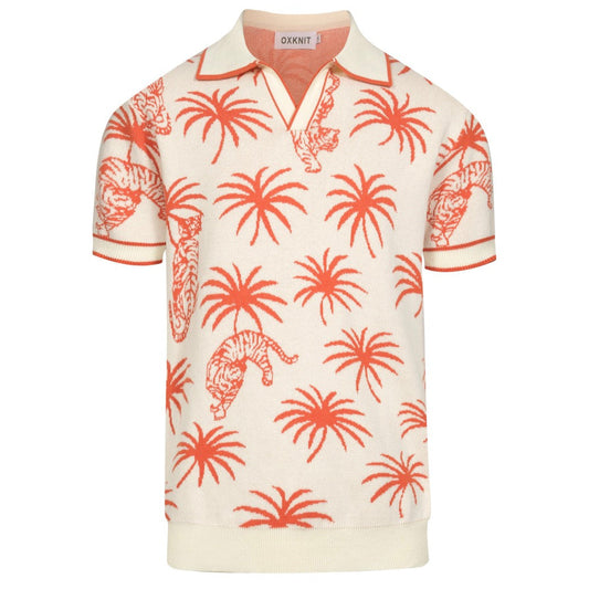 White Cotton V-Neck Jacquard Knit Polo for Men with Palm and Tiger Pattern