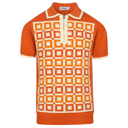 Vintage orange jacquard knitted polo for men