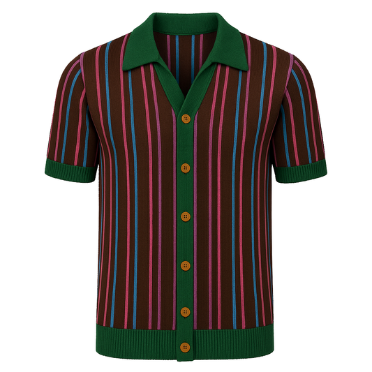 Multicoloured striped green jacquard cardigan for men