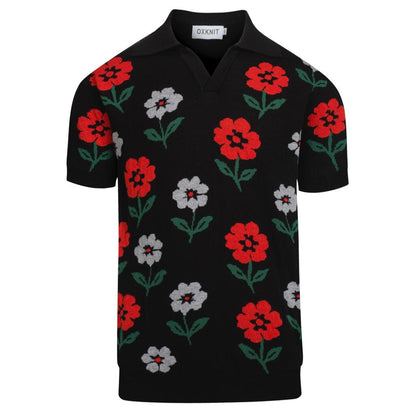 Men's Black Vintage Knitted Polo with Floral V-Neck
