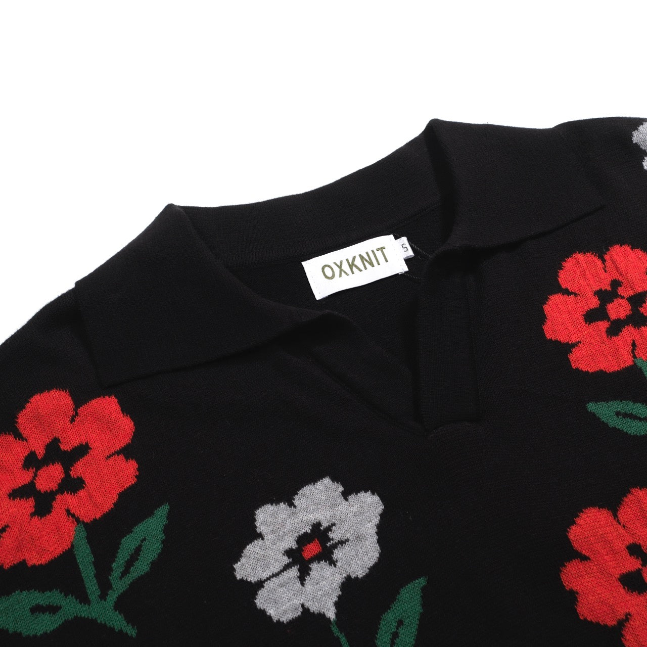 Men's Black Vintage Knitted Polo with Floral V-Neck