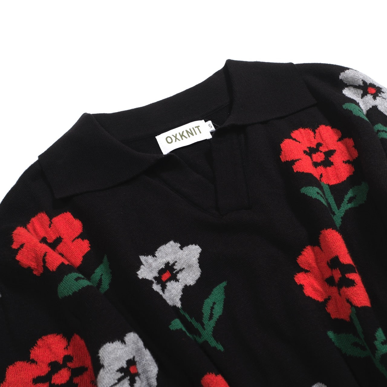Men's Black Vintage Knitted Polo with Floral V-Neck