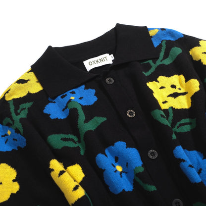 Vintage Black Floral Knit Cardigan for Men