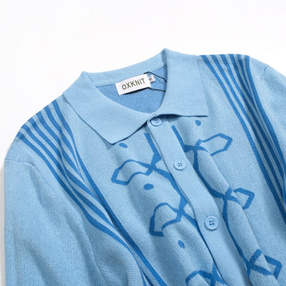 Men's Retro Jacquard Knitted Blue Cardigan