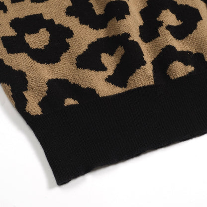 Vintage knitted jacquard gilet in brown leopard print for men