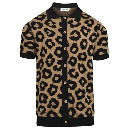 Vintage knitted jacquard gilet in brown leopard print for men