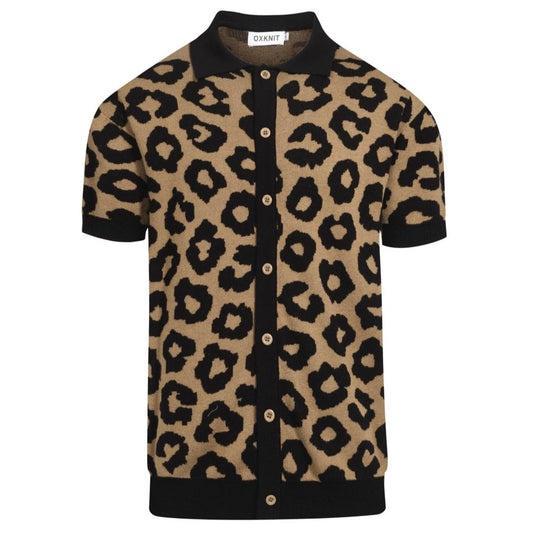 Vintage knitted jacquard gilet in brown leopard print for men