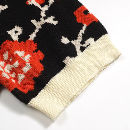 Men's Black Floral V-Neck Knitted Polo