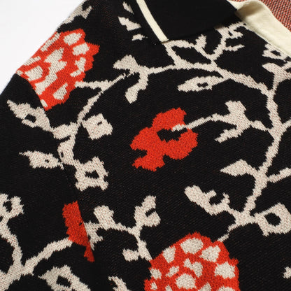 Men's Black Floral V-Neck Knitted Polo