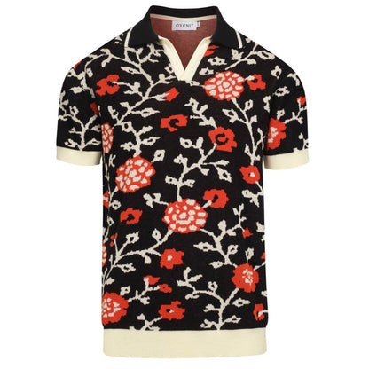 Men's Black Floral V-Neck Knitted Polo