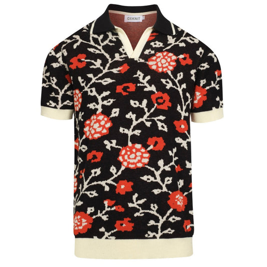 Men's Black Floral V-Neck Knitted Polo