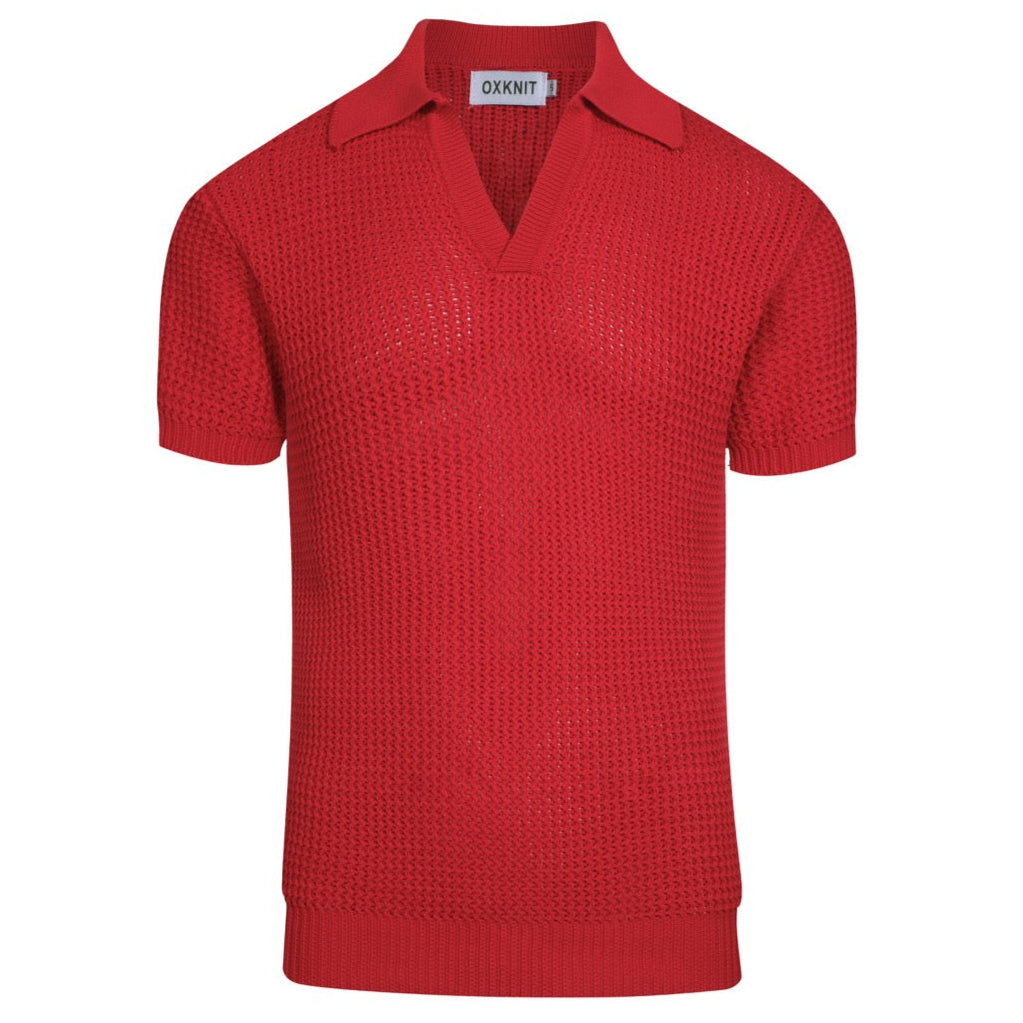 Casual Red Knitted Polo for Men with V-Neck