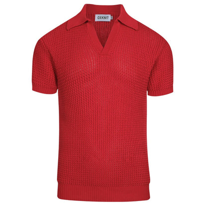 Casual Red Knitted Polo for Men with V-Neck