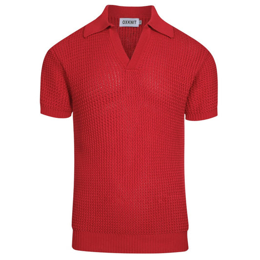 Casual Red Knitted Polo for Men with V-Neck