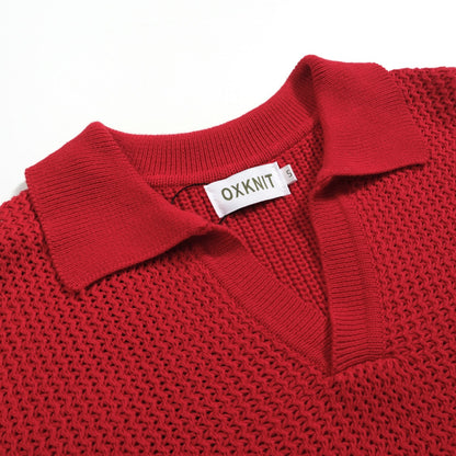 Casual Red Knitted Polo for Men with V-Neck