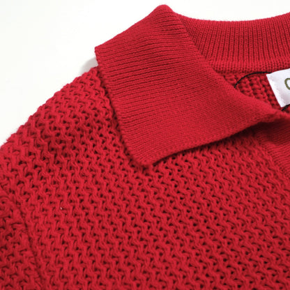 Casual Red Knitted Polo for Men with V-Neck