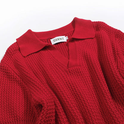 Casual Red Knitted Polo for Men with V-Neck