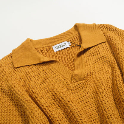 Casual Khaki V-Neck Knitted Polo for Men