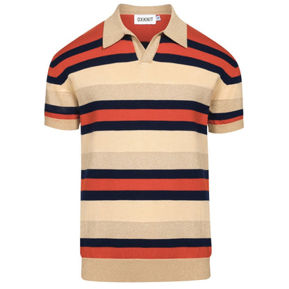 Vintage Khaki Striped Knitted Polo for Men