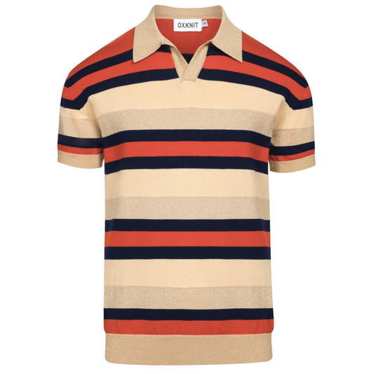 Vintage Khaki Striped Knitted Polo for Men