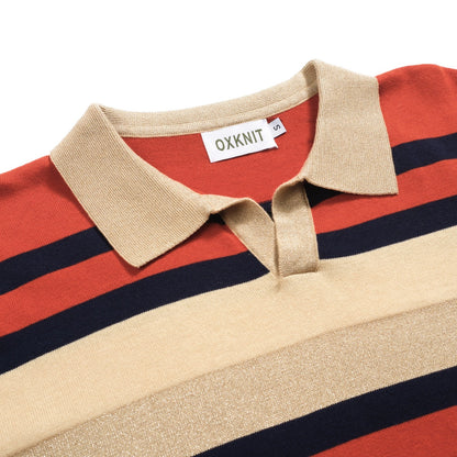 Vintage Khaki Striped Knitted Polo for Men