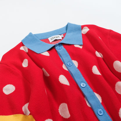 Vintage red polka dot jacquard knitted cardigan for men