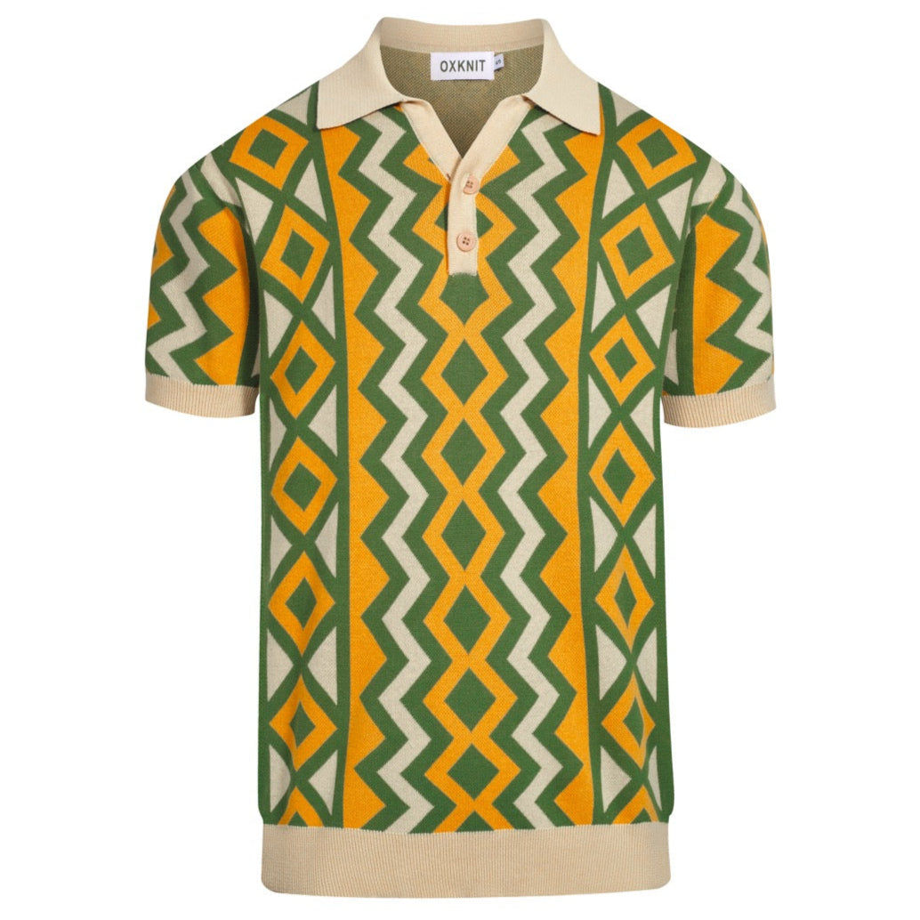 Vintage knitted V-neck polo for men in green jacquard