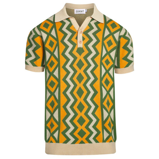 Vintage knitted V-neck polo for men in green jacquard