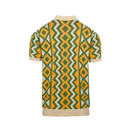 Vintage knitted V-neck polo for men in green jacquard