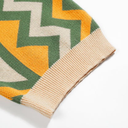 Vintage knitted V-neck polo for men in green jacquard