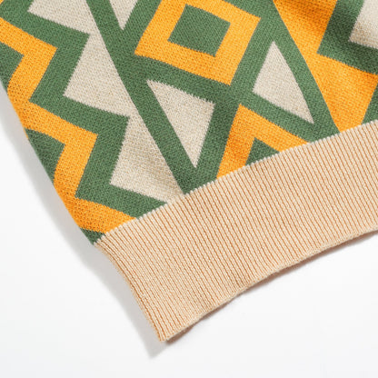 Vintage knitted V-neck polo for men in green jacquard