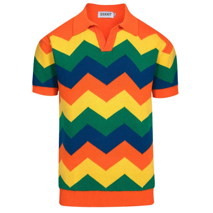 Vintage knitted orange jacquard V-neck polo for men