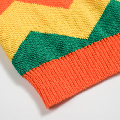 Vintage knitted orange jacquard V-neck polo for men