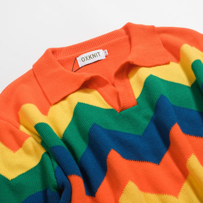 Vintage knitted orange jacquard V-neck polo for men