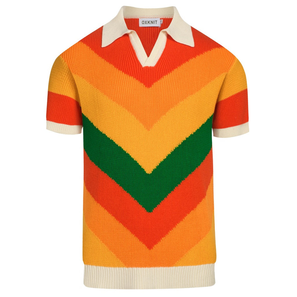 Vintage Multicoloured Striped V-Neck Knitted Polo for Men