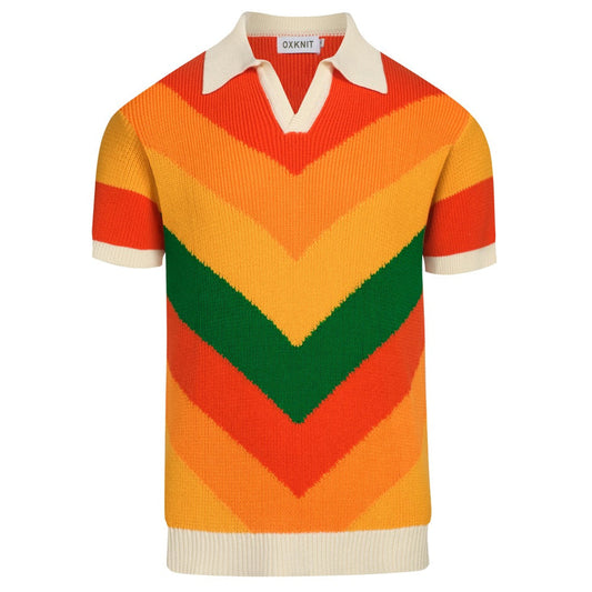 Vintage Multicoloured Striped V-Neck Knitted Polo for Men