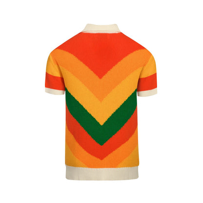 Vintage Multicoloured Striped V-Neck Knitted Polo for Men