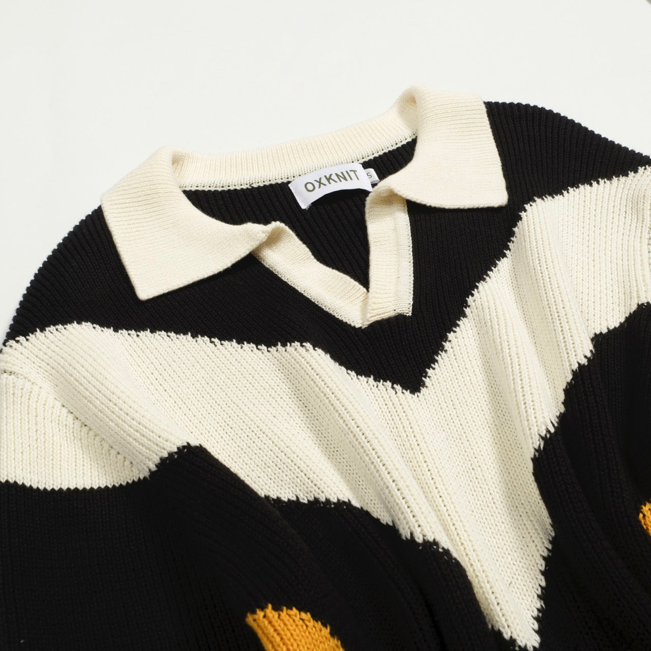 Vintage Black Graphic Knit Polo for Men