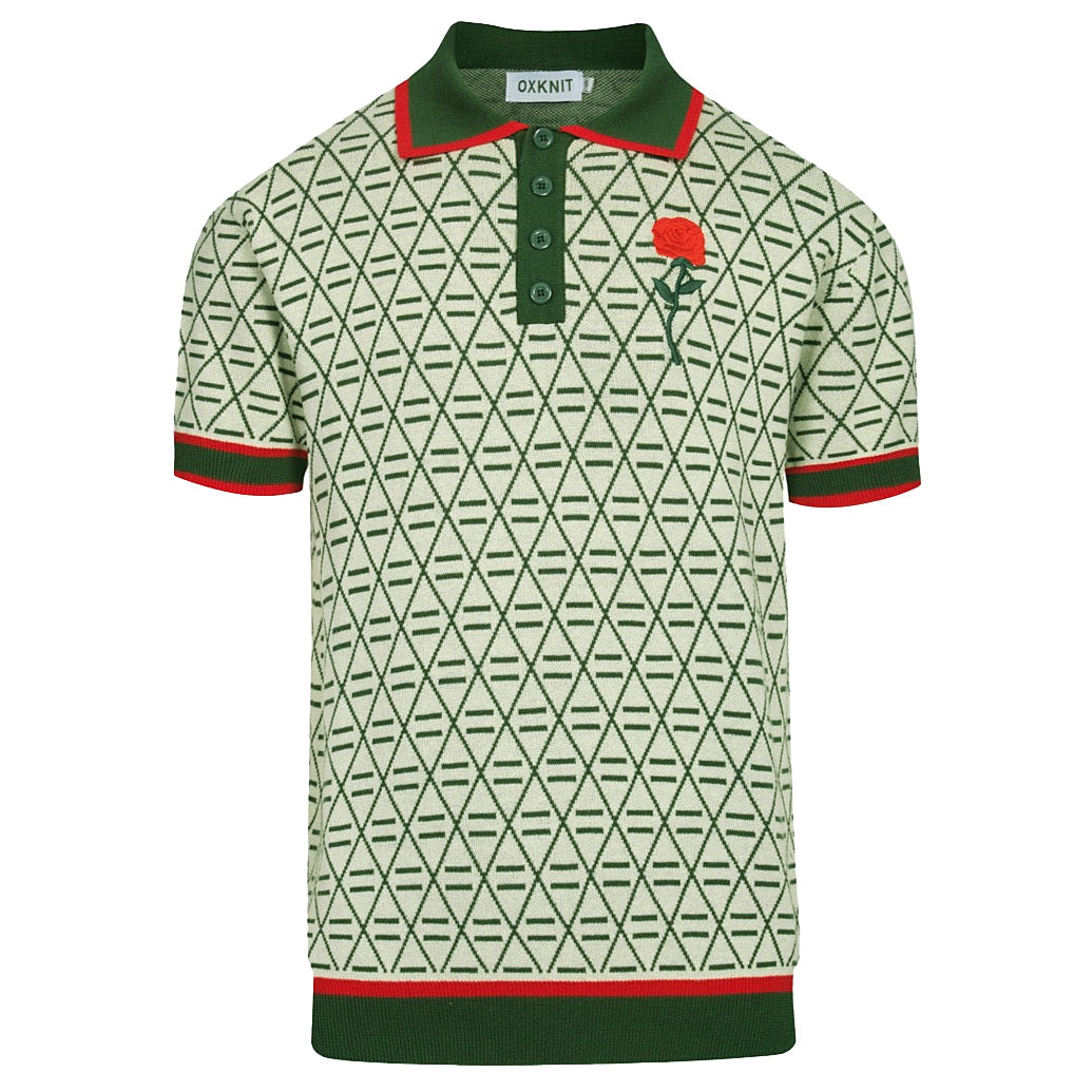 Vintage Graphic Embroidered Green Polo for Men with V-Neck
