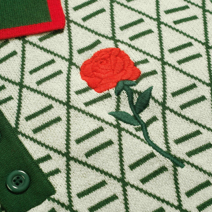 Vintage Graphic Embroidered Green Polo for Men with V-Neck