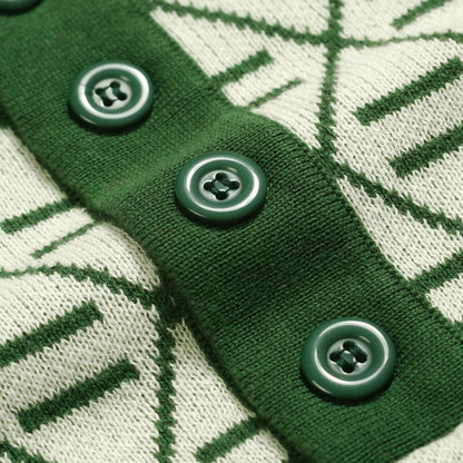 Vintage Graphic Embroidered Green Polo for Men with V-Neck