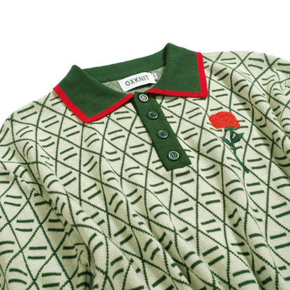 Vintage Graphic Embroidered Green Polo for Men with V-Neck