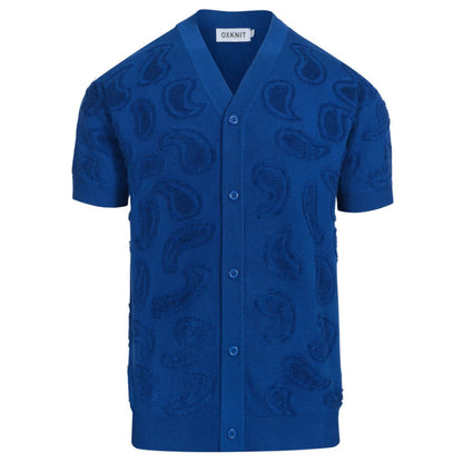 Casual Navy Blue Textured V-Neck Knit Cardigan for Men