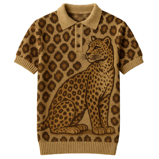 Knit Jacquard Tiger Leopard Polo in Khaki for Men