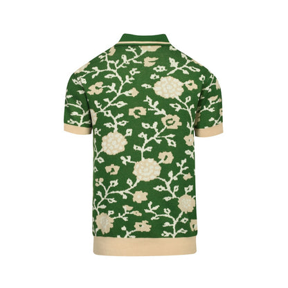 Men's Green Floral Jacquard V-Neck Knitted Polo