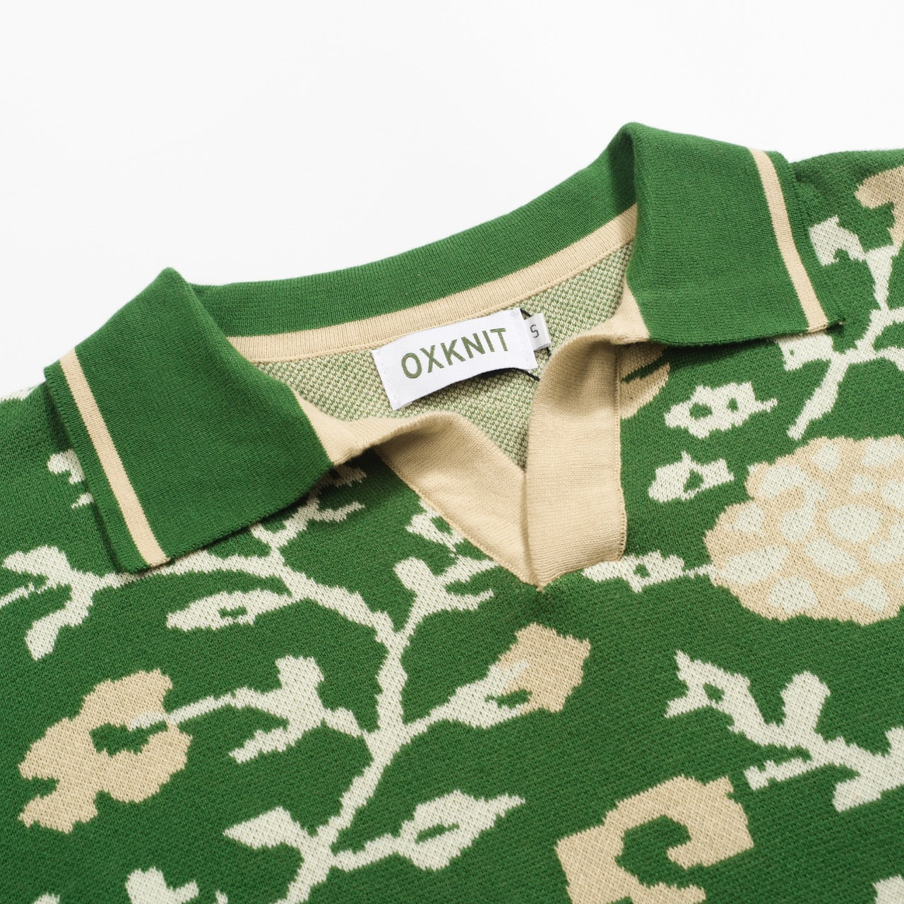 Men's Green Floral Jacquard V-Neck Knitted Polo