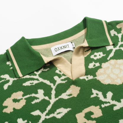 Men's Green Floral Jacquard V-Neck Knitted Polo