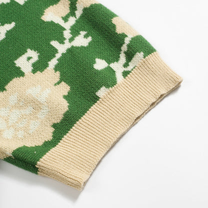 Men's Green Floral Jacquard V-Neck Knitted Polo